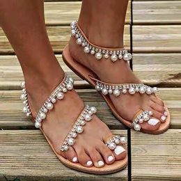 Sandals Woman Summer Shoes 2023 Fashion Roman Flat Tassel Pearl Beach Cross Strap Big Size