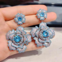 Dangle Earrings Glamorous Luxurious Women Big Flower Blue Yellow Fushia Cubic Zirconia Blooming Earring Bling
