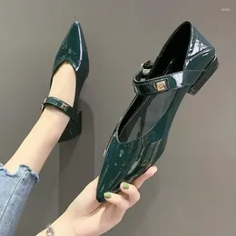 Dress Shoes Pointed Toe Single For Women 2023 Shallow Belt Buckle Flat Green Square Heel Comfortable Casual Walking