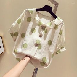 Women's Blouses Wave Printing Shirt Female Large Size Summer Korean Fashion College Wind Loose Casual Short-sleeved Doll Collar Blouse