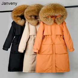 Women's Down Parkas Janveny Large Natural Raccoon Fur Hooded Long Down Coat Women Winter 90% Duck Down Parkas Female Thickness Sash Tie Up Jackets 231116