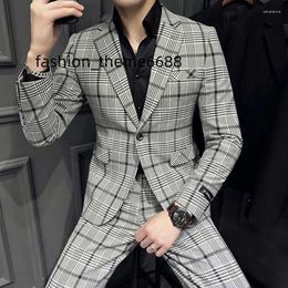 Men's Suits High-quality (suit Western Pants) Business Handsome Korean Version Slim Plaid Solid Color Wedding Suit Two-piece Set