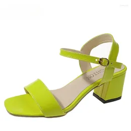 Sandals Aphixta Plus Size 43 Summer Ankle Strap Peep Toe Leather Women Shoes 5cm Square Heel Simple FluorescentGreen Slides