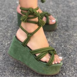 Dress Shoes 2023 Summer Plus Size Platform Wedge Sandals Women Fashion Round Toe Cross Tied Open Zapatos De Mujer