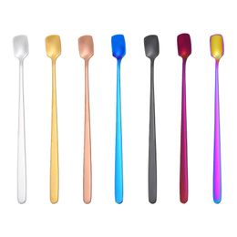 Stainless Steel Spoons Square Head Ice Spoon Long Handle Stirring Coffee Scoops Home Kitchen Bar Tableware 15CM