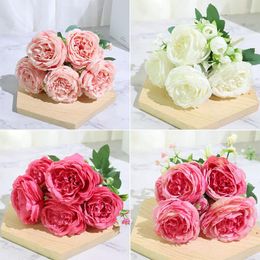 Decorative Flowers 2023 18 Colours 5 Big Head 4 Buds Rose Peony Fake Silk Flower Small Bouquet At Home Party Spring Wedding DIY Decoratio