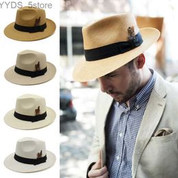 Wide Brim Hats Bucket Hats Men Women Str Panama Hats Summer Wide Brim Sombrero Fedora Sunhats Feather Band Trilby Caps Outdoor Travel Size US 7 1/4 UK L YQ231116