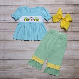 Clothing Sets Summer Girls Clothes Blue Short Sleeve Skirt And Green Plaid Trousers Tractor Cotton Embroidery Pattern Toddler Girl Outfits