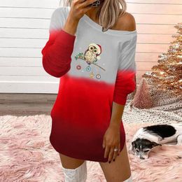 Casual Dresses Womens Fashion Christmas Print Round Neck Off Shoulder Long Sleeve Pullover Top Gradient Back Zipper For Women