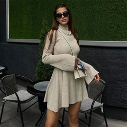 Basic Casual Dresses Turtleneck Knitted Sweater Mini Dres Winter Vintage Elegant Flare Long Sleeve Black Party Club Vestidos 231116