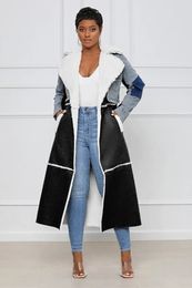 Women s Trench Coats Plus Size Coat Winter Turn down Collar Temperament Patchwork Denim Lace Up Waist Pockets Casual Streetwear Overcoat 231116