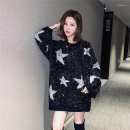 Women's Sweaters 2023 Spring And Autumn Korean Star Bright Silk Pullover Women Loose Round Neck Long Sleeve Thick Black Sweater Female Tops