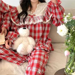 Women's Sleep Lounge Loose Casual Couple Pyjamas Sweet Lace Vintage Red Plaid Thick Nightwear Autumn Winter Princess Style Christmas Homewear D711 zln231116