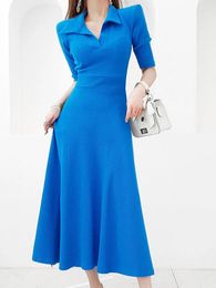 Casual Dresses Elegant Women Dress Korean Simple Turn-down Collar Bodycon Stretchy Slim Midi Gown Street Robe Femme Ladies Mujer Vestido