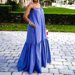 Casual Dresses Indie Style Fashion Summer African Dress Women Blue Sleeveless Spaghetti Strap Bandage Loose Floor-length Outfits