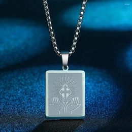 Pendant Necklaces Todorova Dainty Stainless Steel Square Praying Hands And Cross Sign Necklace For Women Religious Jewellery Christian Gift