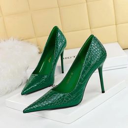 Dress Shoes Concise Women Green Heels Stone Pattern Pumps 10cm High Wedding Evening Party Sexy Ladies Stilettos BIGTREE