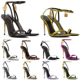 2024 Elegant Brand Womens Shoes Padlock Pointy Naked Sandals Shoes Hardware Lock and key Woman Metal Stiletto High Heels Party Dress Wedding fords heel Shoe