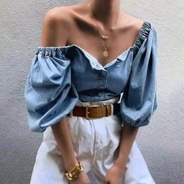 Women's Blouses Vintage Women's Button Down Denim Shirts Casual Off Shoulder Half Lantern Sleeve Loose Elegant Tops Streetwear Sexy