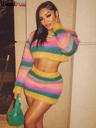 Two Piece Dress Weird Puss Fall Knit Women 2 Set Tracksuit Casual Colorful Sweater Long Sleeve Crop Tops Mini Skirts Matching Streetwear 231116