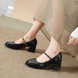 Dress Shoes 2023 Fashion For Women Mary Janes Women's High Heels Elegant Pumps Bow Tie The Chain Square Heel Female