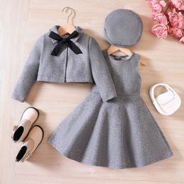 Clothing Sets Girls Autumn Winter Bow Fleece Coat Tank Top Dress Beret Three Piece Set 231115