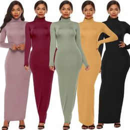 Basic Casual Dresse Long Plus Size Party Solid Colour Sleeve Turtleneck Bodycon Dress Maxi Vestidos S 5XL 231116