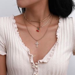 Pendant Necklaces Rhinestone Cherry Necklace Sweet Temperament Small Cross Charm Collarbone Multilayer Chain Choker For Women