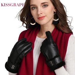 Five Fingers Gloves Brand Women Genuine Leather Gloves Female Outdoor Winter Super Warm Mittens Ladies Real Sheepskin Fur Gloves Solid Wool 231115