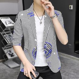 Men's Suits & Blazers Summer Sleeve Suit Male Korean Stripe Cartoon Printing Leisure Small Thin Handsome Seven Minutes Coat Tide 2228Men's