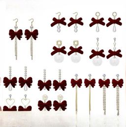 8 styles Autumn/Winter Red Vintage Flock Bow Tassel Earrings New Year Wine Red Serve Pearl Earrings