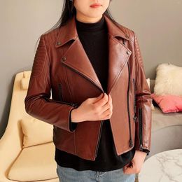 Women's Leather JANEFUR Moto Biker Zipper Jacket 2023 Real Brown Streetwear Short Female Sheepskin Coats