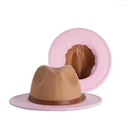 Berets 2023 Tan And Pink Wid Brim Jazz Fedora Hats 2 Two Tone Belt Autumn Winter Vintage Panama Wedding Hat