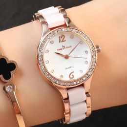 Wristwatches Lady Dress Watches Luxury Fashion Quartz Imitation Ceramic Strap Rhinestone Watch For Women Gift Relogios Feminino