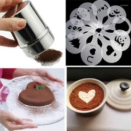 Storage Bottles 19Pcs Coffee Stencils Template Strew Pad Stainless Steel Chocolate Shaker Cocoa Flour Sifter Art Needle Set