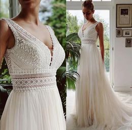 2023 vestido de novia Boho Wedding Dresses Sexy V Neck Beach Lace Bridal Wedding Gowns Elegant Bohemian Tulle A Line Bridal Dress