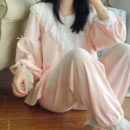 Women's Sleepwear 1 Set Autumn Winter Women's Velvet Pyjama Sets.Lace TopsLong Pants.Vintage Lady Girl's Spanish Style Pyjamas Set.Home Sleepwear 231116