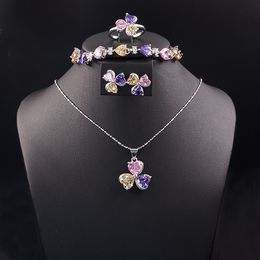 Colorful Clover Zircon Necklace Set Love Ring Bracelet Earnail Set Jewelry Set