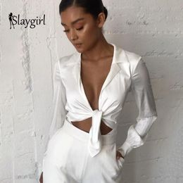 Women's Jumpsuits & Rompers Slaygirl 2023 Sexy Jumpsuit Womens Casual Black White Skinny Bodycon Playsuit Full Sleeve Deep V Neck Bow Tops O