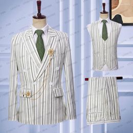 Men's Suits 2023 Men Linen Set Fashion Slim Fit Light Green White Vertical Stripe Wedding Groom Tailcoat Jacket Vest Pants