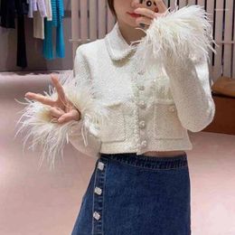 Women's Knits Ivory White Lapel Feather Sleeve Knitted Short Cardigan For Women 2023 Autumn And Winter Coat