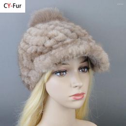 Berets Women Fashion Genuine Hats Russia Lady Winter Hand Knitted Real Hat Natural Warm Visors Cap