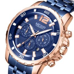 Wristwatches Megir Official Men's Blue Rose Gold Quartz Watches Business Chronograph Analgue 30M Waterproof Luminous Gift Clock
