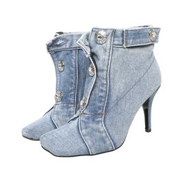 New Fashion Button Square Toe Short Boots Thin High Heels Autumn Winter Blue Denim Women's Shoes