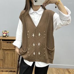 Women's Vests Women V-neck Sweater 2023 Spring Summer Loose Knitwear Cardigan Sleeveless Knitting Coat Pockets Casual Vest YoYiKamomo