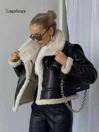 Womens Leather Faux Lagabogy Winter Jacket Women Shearling Sheepskin Coat Retro Motorcycle Parka Fleece Female Short Loose Snow Outerwear 231115