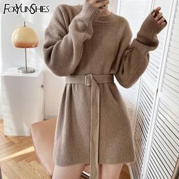 Casual Dresses FORYUNSHES Women Sweater Dress Solid Knitted Pullover Lace Up Korean Chic Puff Sleeve Winter Knitwear Elegant Long Jumper