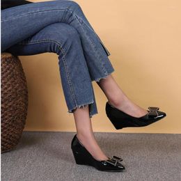 Dress Shoes Spring Wedges Heeled Pumps For Women Pointed Toe PU Leather Shallow Out Bowtie Career Office Ladies Solid Black Casual