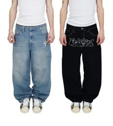 Men's Jeans loose casual wide-leg pants street retro hip-hop printed jeans personality trend fashion black high waist jeans Y2k men 231116