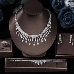 Necklace Earrings Set Sparkling Cubic Zirconia 4PCS Tassle For Brides Dubai UAE Wedding Party Bride Jewelry